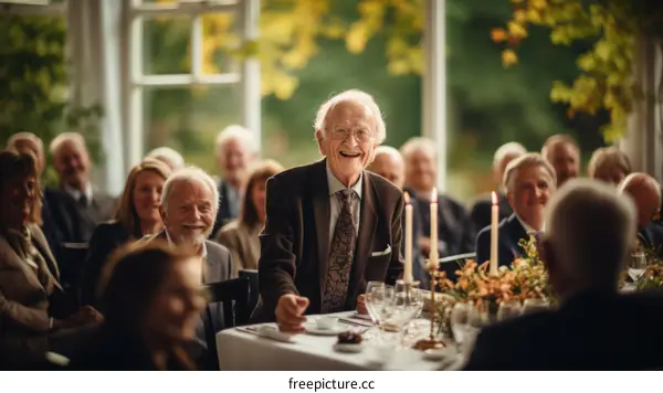 Happy Old Man at Family Dinner