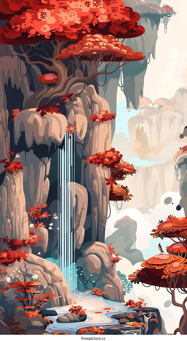 Waterfall Flowing Through Mountainous Landscape