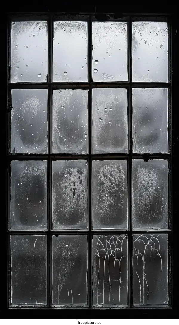 Black mullion window with raindrops