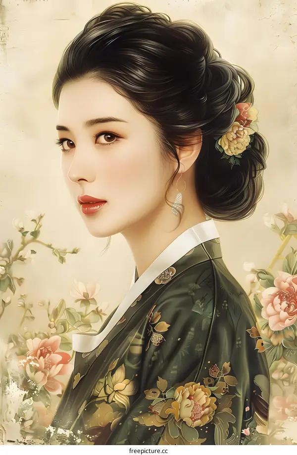 Portrait of a beautiful Asian woman in traditional Korean dress