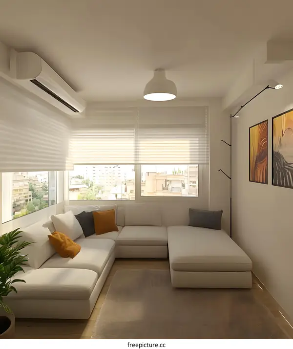 Modern White Sofa in a Living Room with City View