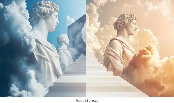 White Marble Statues Stand on Steps in the Clouds