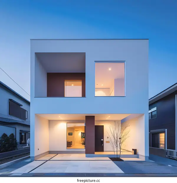 Modern Two Story House With Large Windows And White Walls