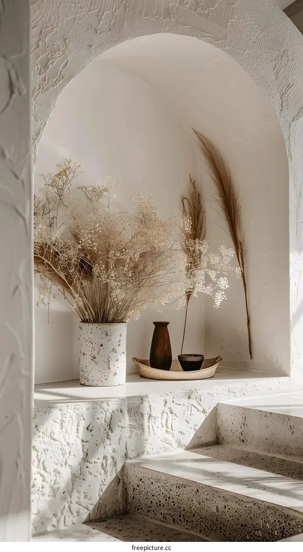 White Wall Archway with Dried Flowers and a Vase