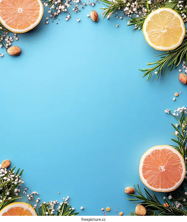 Blue Background with Sliced Citrus Fruit and White Flowers