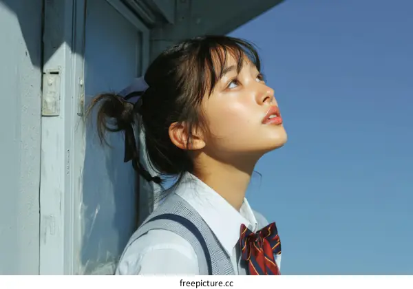 Beautiful Asian girl looking up at a clear sky