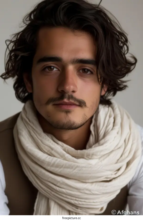 Portrait of a young man with long brown hair and a mustache wearing a white scarf.