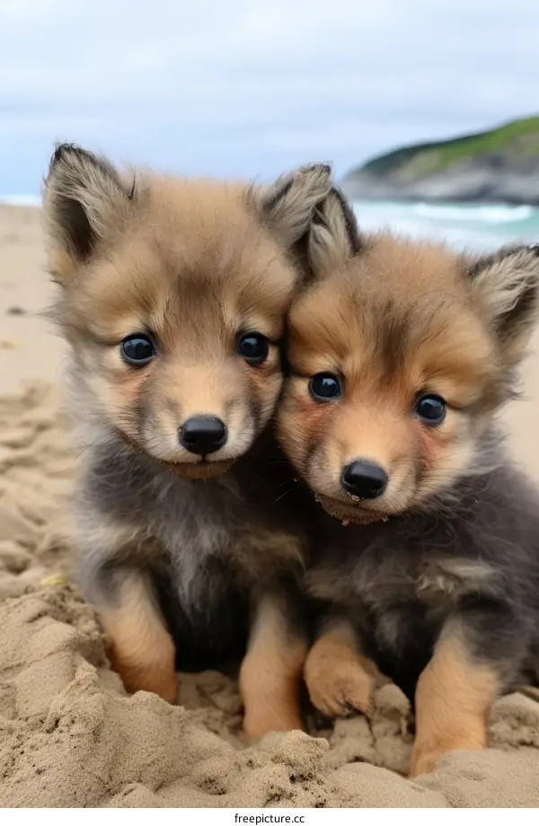 Two Adorable Spitz Puppies Playing on the Sandy Beach