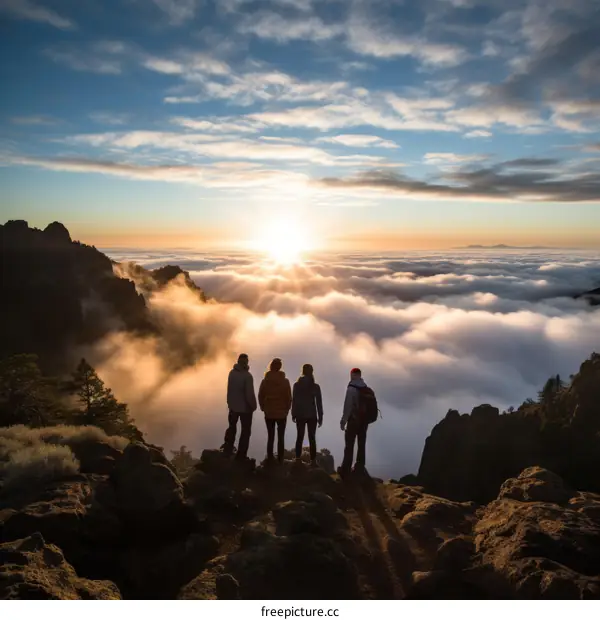 People standing on a mountaintop overlooking a sea of clouds