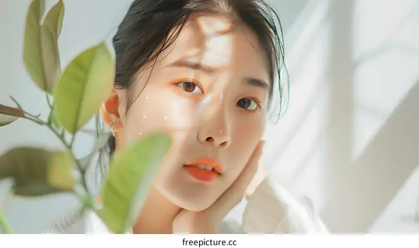 Young Asian Woman with Green Leaves and Soft Light