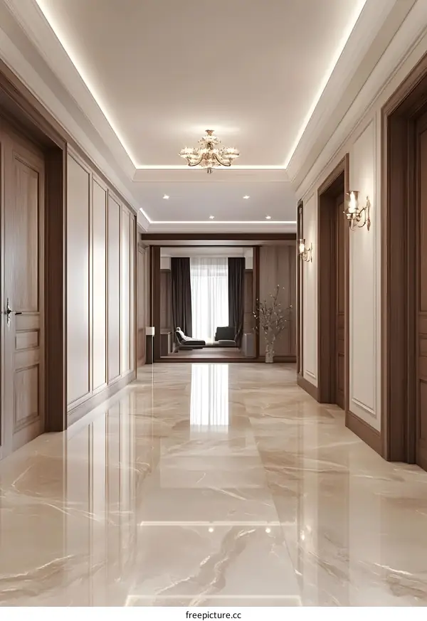 Luxury Interior Design Hallway with Marble Floor and Chandelier