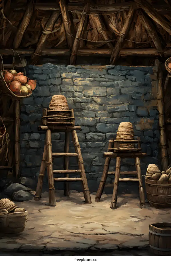 Old Stone Wall Honeycomb Hives in a Rustic Attic