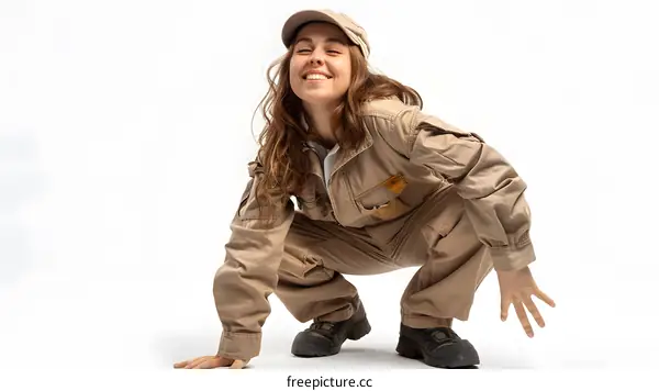 Portrait of a young woman in a brown jumpsuit and cap crouching and smiling