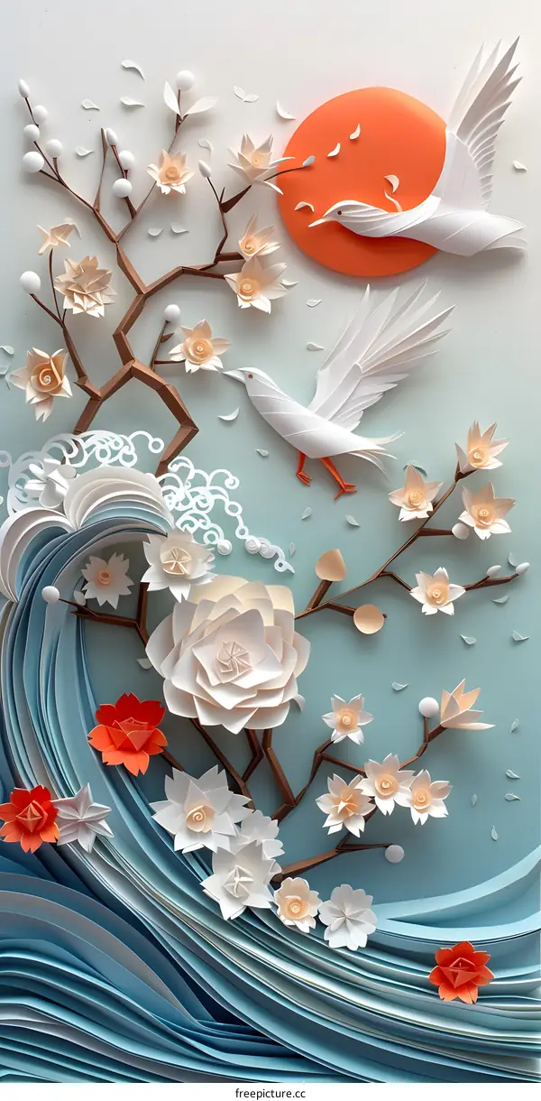 White paper flowers and a red-crowned crane in the blue sea