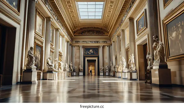 Classical Statues and Paintings in a Grand Hallway