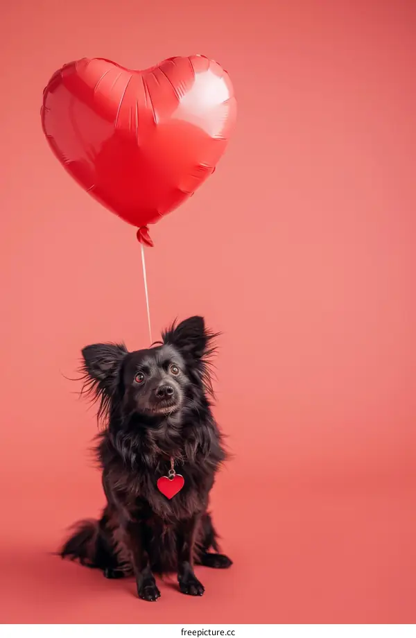 A black dog with a red heart-shaped balloon