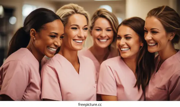 Group of diverse female nurses smiling and laughing in a hospital setting