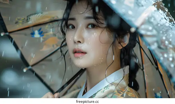 Portrait of a beautiful Asian woman in traditional Korean dress, wearing a hanbok and holding an umbrella.