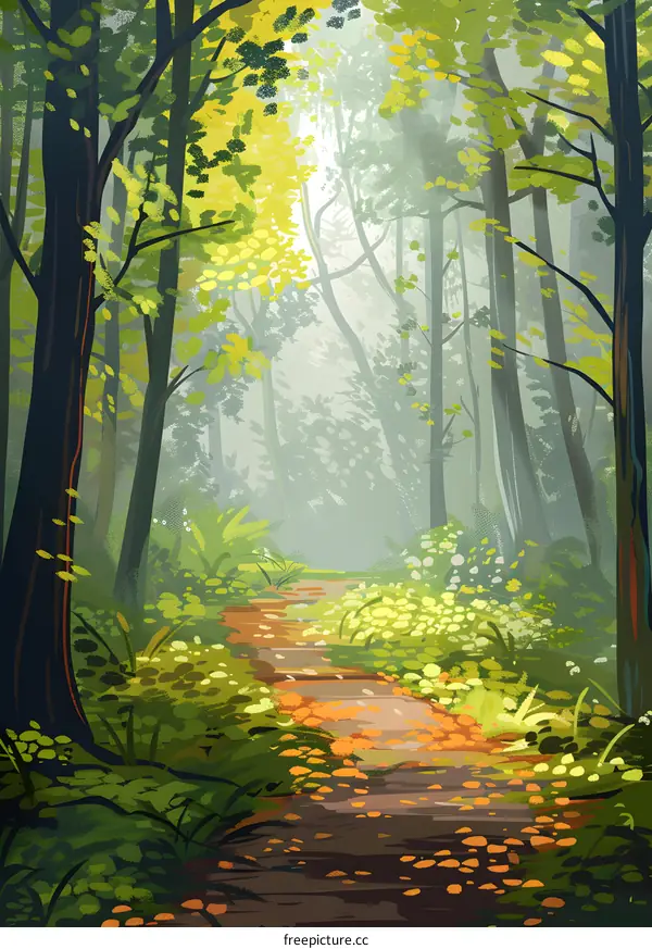 Forest Path with Sunlight and Green Leaves