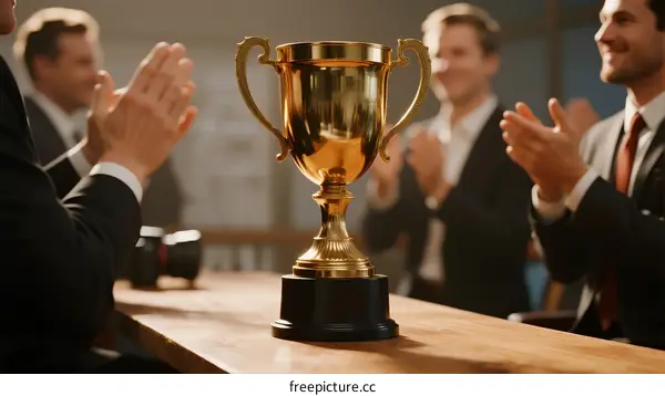 Golden Trophy on Table with Business People Clapping