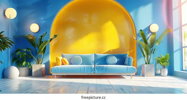 blue and yellow interior design living room