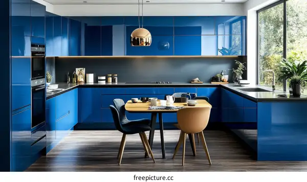 Modern Blue Kitchen Design with Dining Area