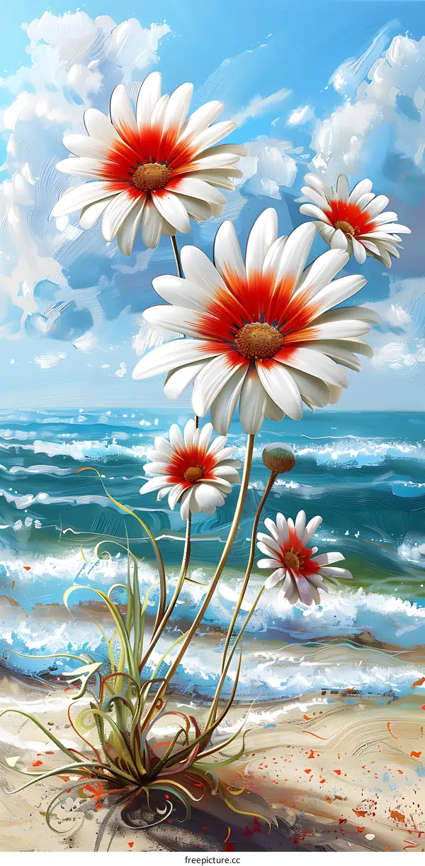 Sea Shore with White Daisies Illustration