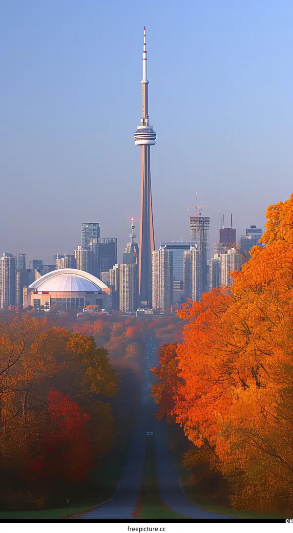 Toronto skyline with autumn leaves