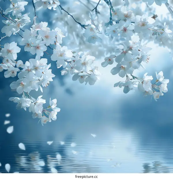 Delicate white cherry blossoms bloom in early spring