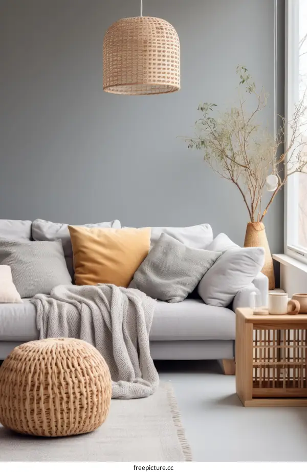 Cozy Living Room with Gray Sofa, Wicker Ottoman, and Tree Branch in Vase