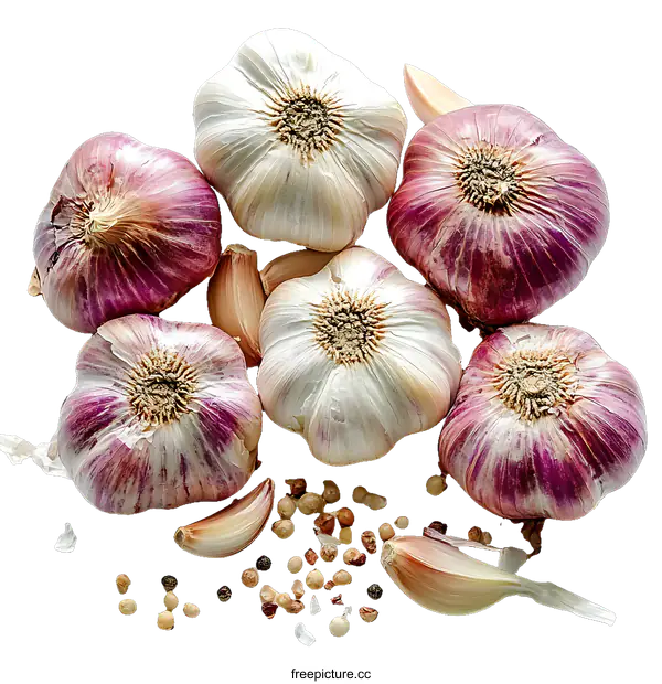 [Transparent Background PNG]Fresh Purple Garlic Heads with Spices