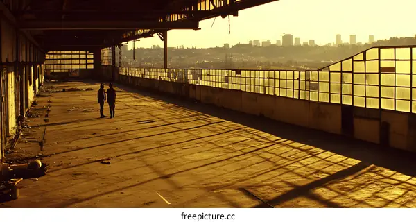 Two People Standing In An Abandoned Factory With A View Of The City