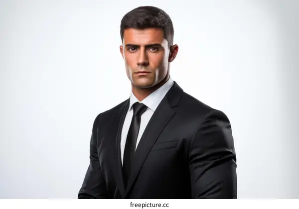 A young man in a suit and tie with a serious expression on his face