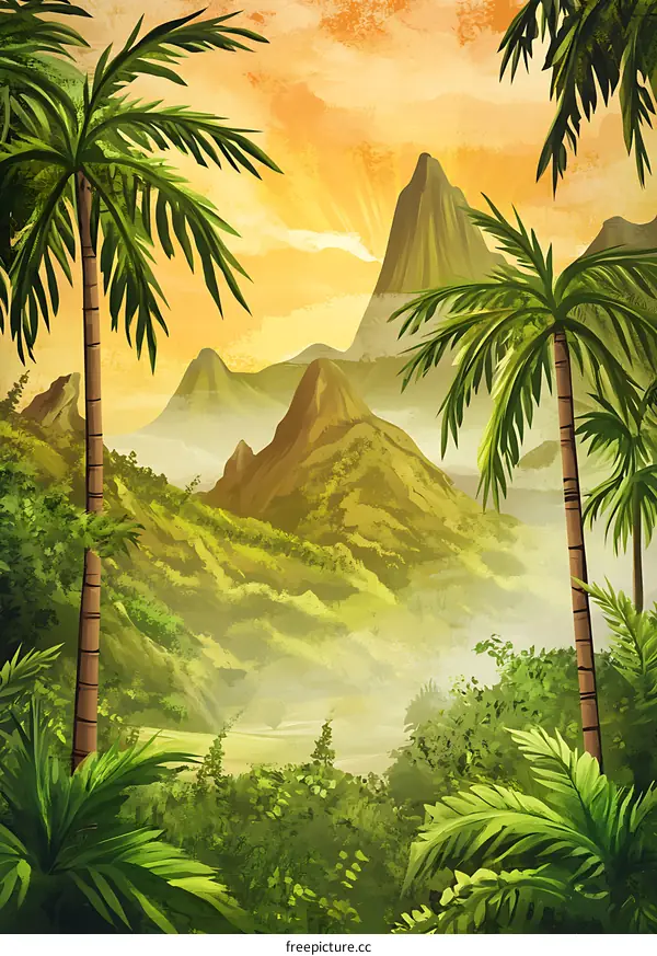 Tropical Landscape with Palm Trees and Mountains