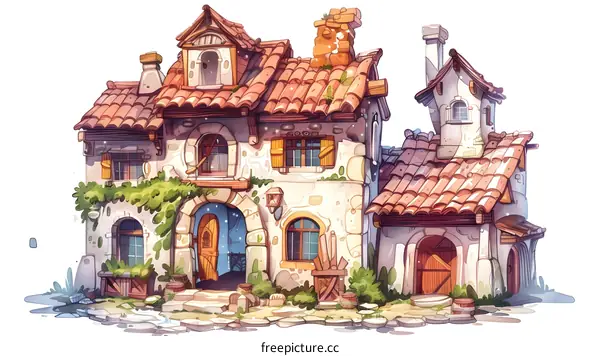 Cute Watercolor Illustration of a Stone House with Red Tile Roof