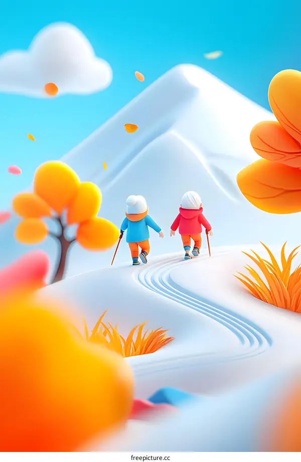 Two Cartoon People Hiking Up A Snowy Mountain With Blue Sky