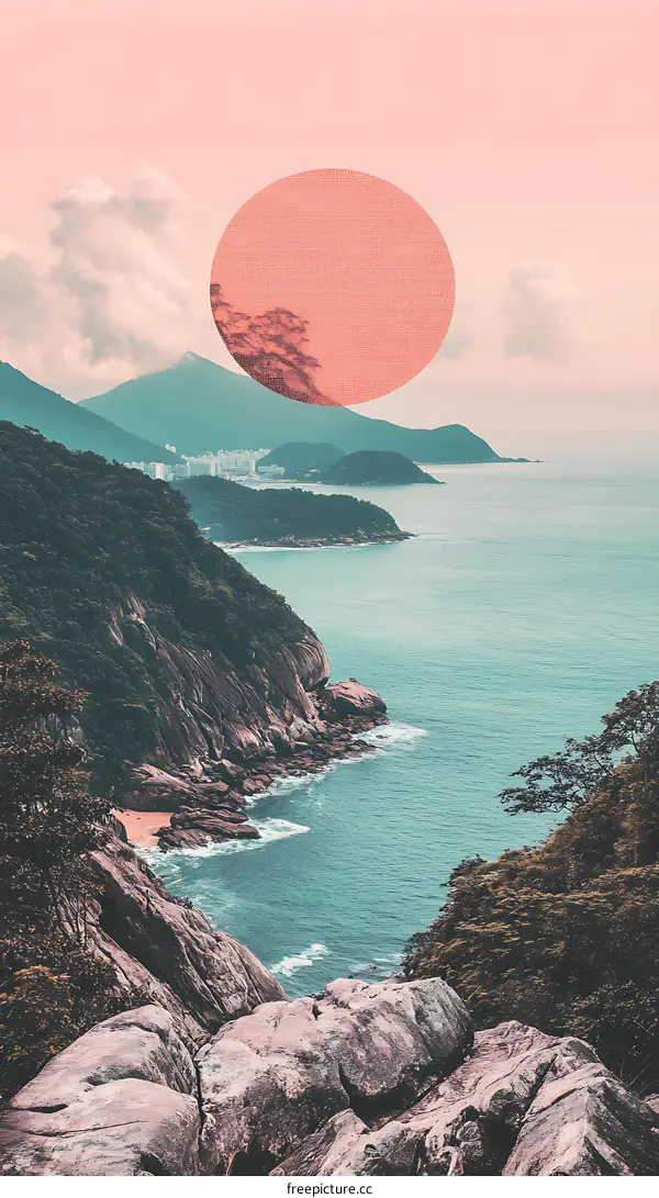 Pink Sunset Over Mountains and Ocean