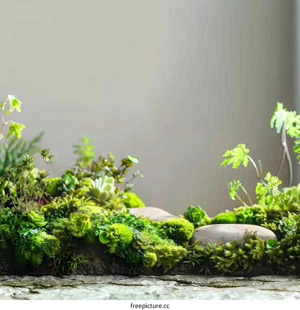Green Moss and Succulents on a Rock