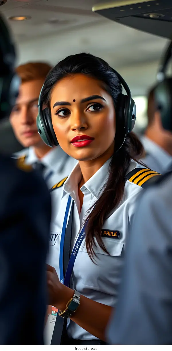Indian Female Pilot Wearing Headphones and Uniform in Cockpit