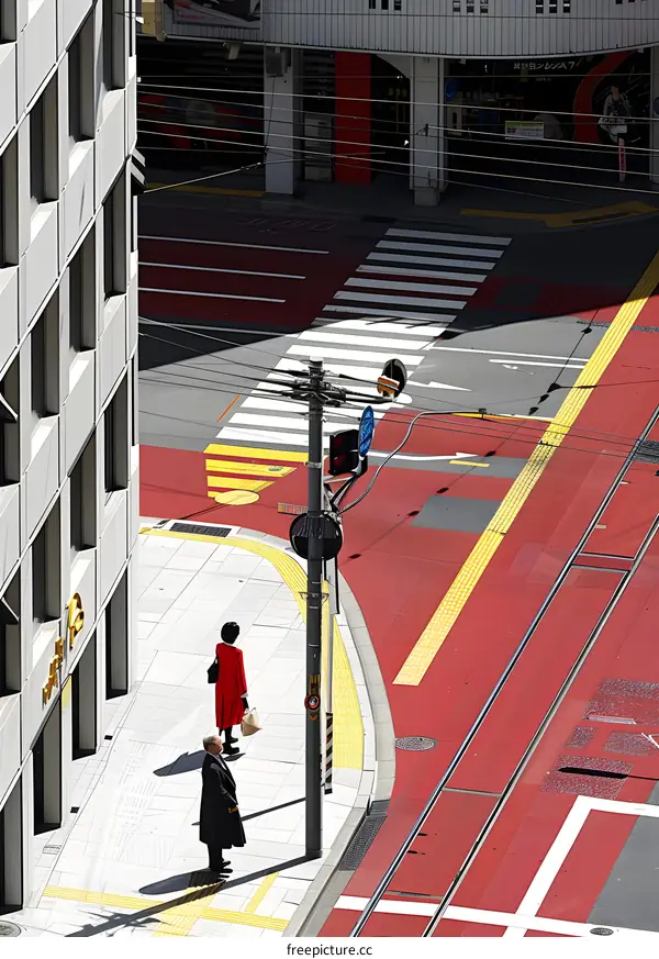 Two People Standing on a Sidewalk in a City