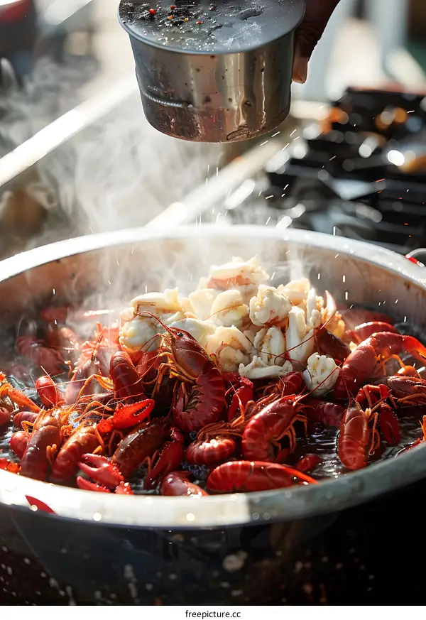 Steaming Pot of Crawfish and Crab Legs