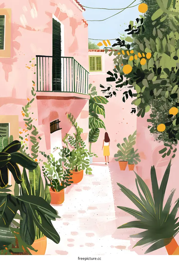 Pink Wall House with Woman Walking Through Plants