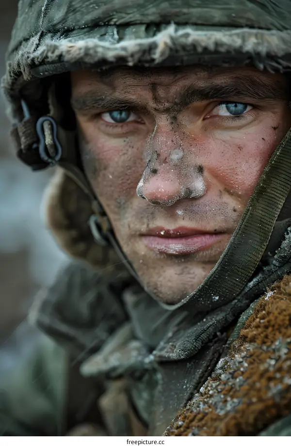 Closeup Portrait of a Soldier in a Helmet Covered in Snow and Ice