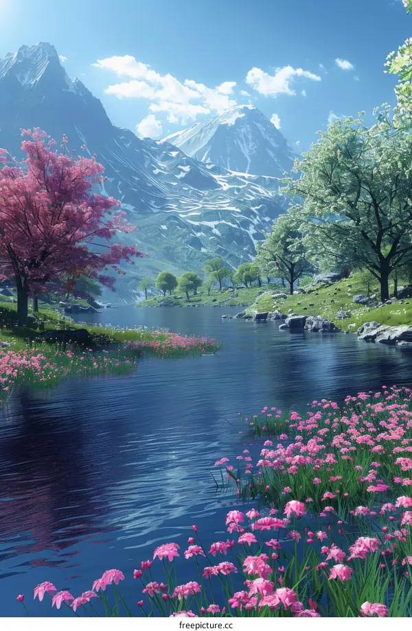 Pink Flowers Blooming by Mountain Lake