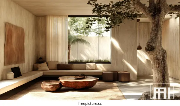 Modern Minimalist Living Room with a Large Tree
