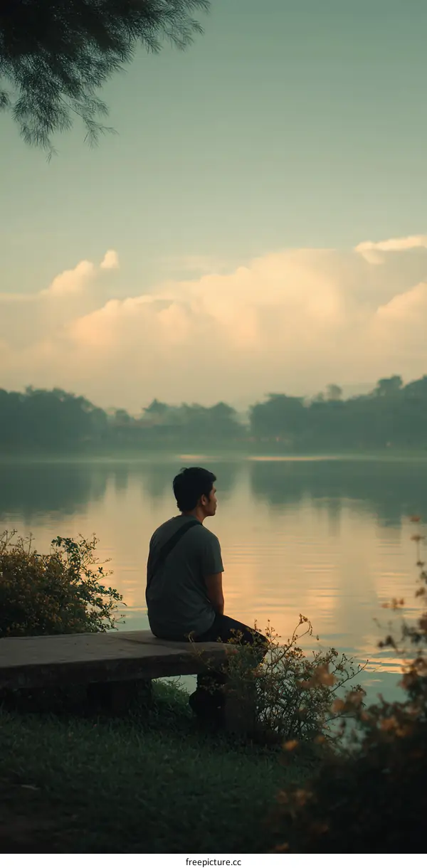 Peaceful Morning by the Lake with a Man
