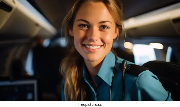 Portrait of a smiling young female pilot in uniform sitting in the cockpit of an airplane