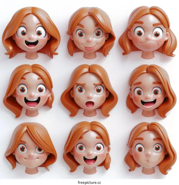 3D Cartoon Character Female Head With Different Expressions