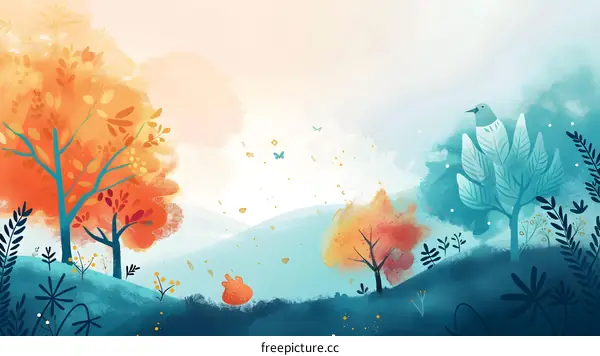 Autumn Forest Landscape with Blue Trees and Flying Butterflies