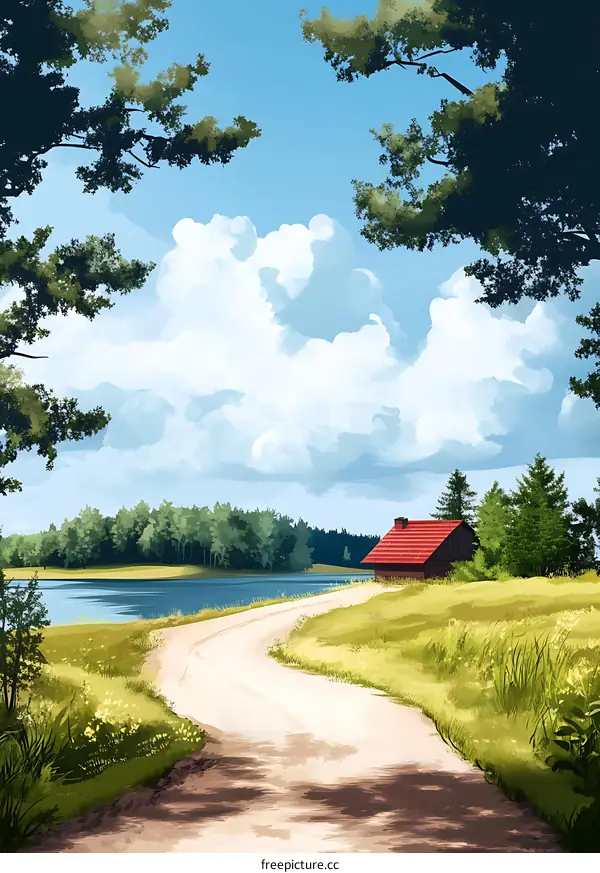 Peaceful Countryside Landscape with Red Roofed House